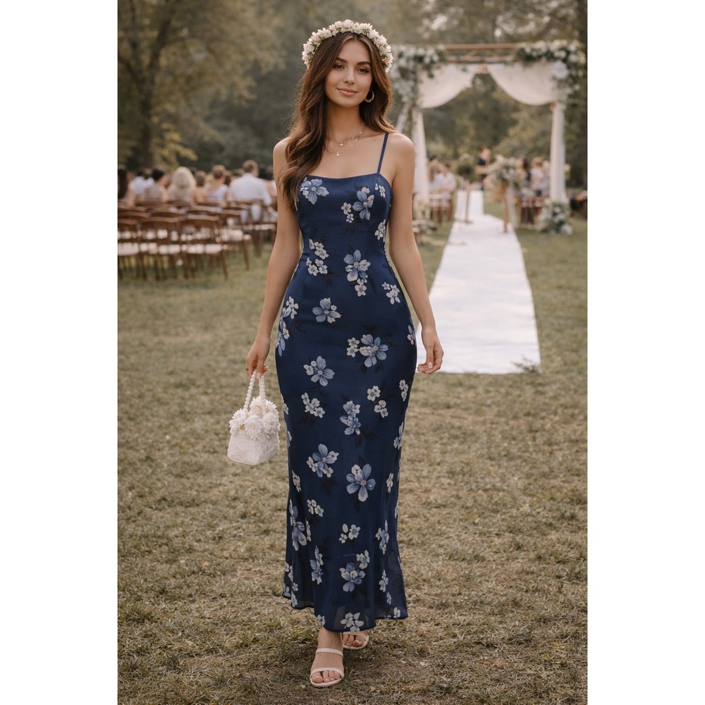 Boho Cottagecore Wedding Y2K 90s Blue‎ Green Floral Square Neck Maxi 7 Dress